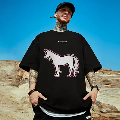 300g重磅美式高街短袖t恤街头大码黑色圆领纯棉简约半袖男生潮流商品大图