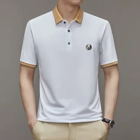 2023夏季款撞色翻领t恤冰丝高端衣服polo衫英伦男士修身短袖上衣商品大图