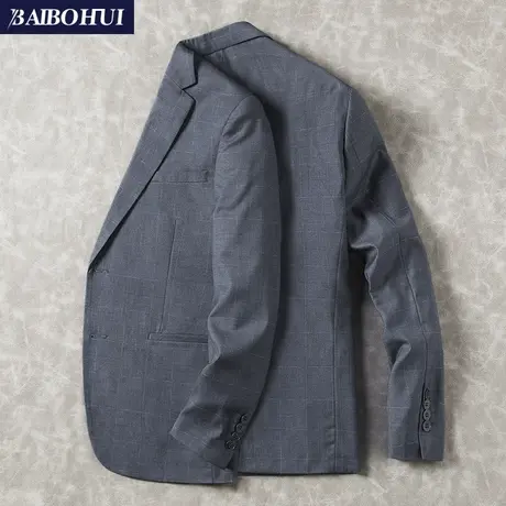 春季新款休闲小西装外套男韩版修身中年商务灰色格子西服上衣男薄商品大图