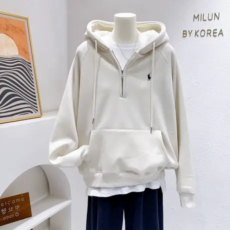 韩代款复古美式刺绣小马半拉链加绒卫衣秋冬加绒上衣微胖遮肉欧货图片