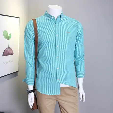 格慕施春秋季纯棉长袖衬衫男商务休闲条纹大码潮流男士宽松衬衣服图片