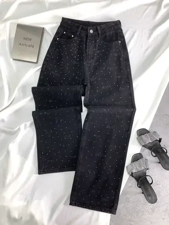 水洗钉珠字母牛仔阔腿裤女2023冬季新款显瘦百搭高腰宽松哈伦长裤图片