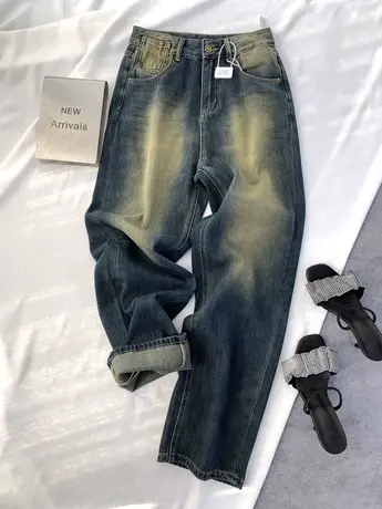 磨白复古美式牛仔直筒长裤女2023冬季新款显瘦百搭宽松阔腿拖地裤商品大图