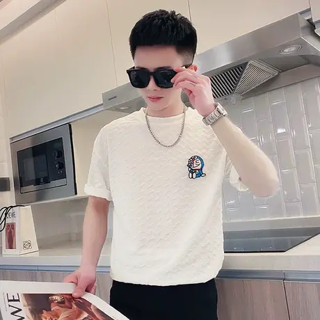 夏季男士t恤男装短袖半袖简约卡通潮牌网红条纹修身潮流圆领体恤商品大图