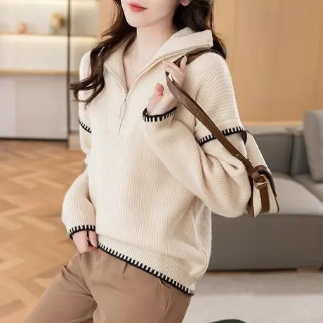 23175女士毛衣针织衫上衣翻领拉链套头宽松长袖百搭纯色打底衫图片