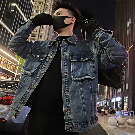 美式复古牛仔夹克男春秋季新款高街水洗上衣潮男痞帅口袋机车外套商品大图