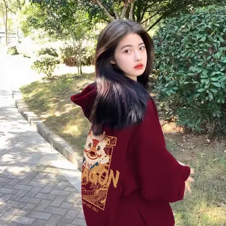 冬季加绒上衣大码bf慵懒风喜庆连帽卫衣ins国潮百搭情侣小众外套商品大图