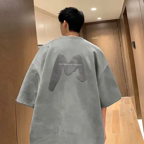 麂皮绒发泡字母印花短袖t恤男oversize潮牌半袖重磅夏季情侣衣服商品大图