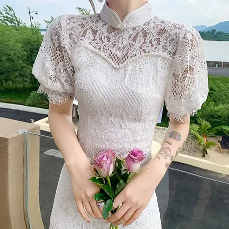 旗袍小晚礼服连衣裙夏季平时可穿女名媛仙气白色主持人高级感蕾丝图片