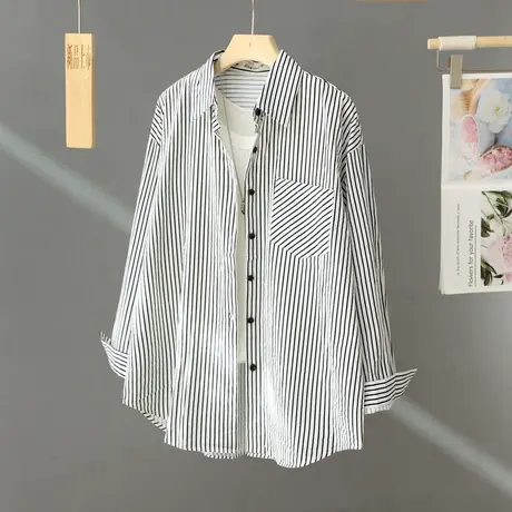 休闲竖条纹衬衫式外套女士宽松中长款2024年新款春装薄款开衫衬衣商品大图