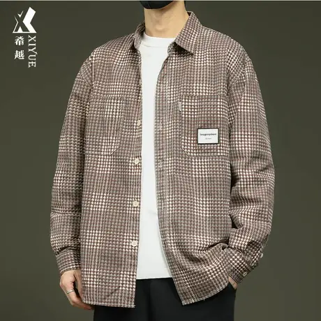 希越纯棉休闲衬衫男2024春季宽松大码男士设计感外套美式格子衬衣商品大图