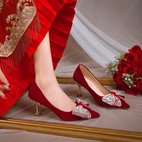 婚鞋新娘鞋红色细高跟鞋女春2024新款单鞋女鞋中式秀禾服结婚鞋子商品大图