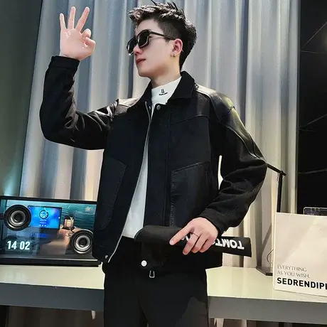 潮牌PU拼接外套上衣男春季个性潮流痞帅重磅翻领痞帅机车皮衣夹克商品大图