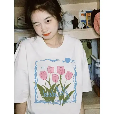 重磅纯棉短袖t恤女ins潮春装chic港味小众设计感夏季宽松上衣服商品大图