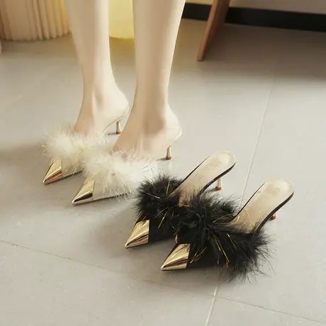 包头半拖鞋女夏外穿2024年新款爆款女士毛毛拖凉拖春季细跟高跟鞋商品大图