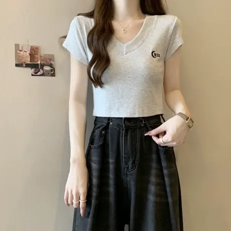 V领短袖T恤女2024新款夏季高腰短款修身打底衫内搭潮ins半袖上衣商品大图