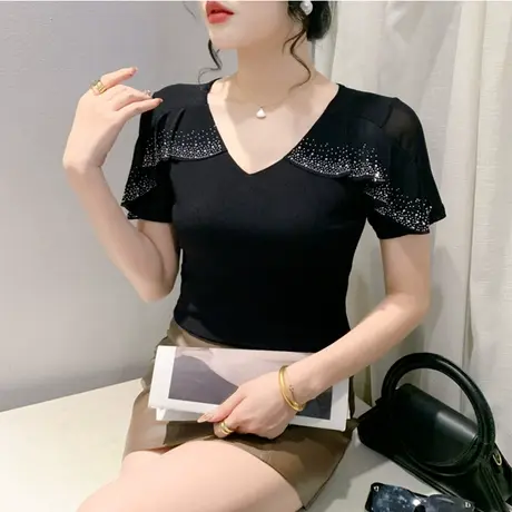 性感镂空V领T恤女短袖欧货女装气质网纱荷叶边上衣重工烫钻打底衫商品大图
