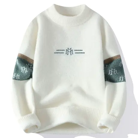 冬季半高领毛衣男士潮流时尚线衣针织衫休闲百搭白色套头男装上衣商品大图