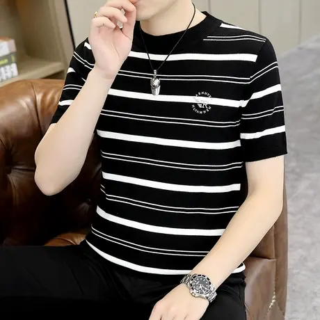 针织t恤男春款短袖毛衣潮流韩版拼色条纹半袖圆领内搭线衣打底衫图片