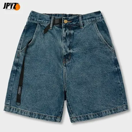 蓝色美式复古牛仔裤男士宽松直筒潮牌休闲夏季水洗短裤五分裤2023商品大图