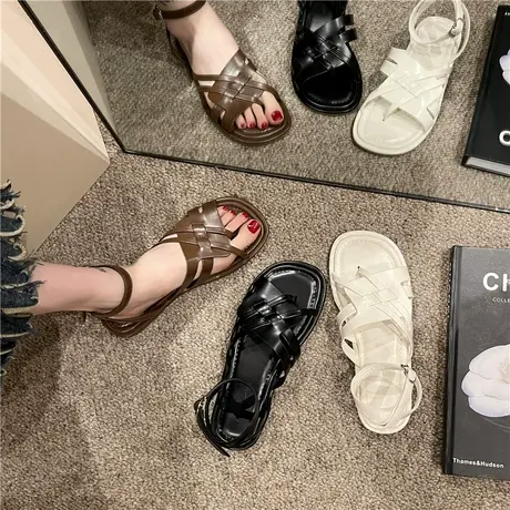 高级设计感编制罗马凉拖鞋女2024年新款夏季网红仙女风复古沙滩鞋商品大图