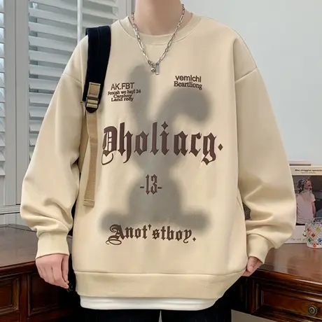 长袖t恤男春秋季字母印花假两件卫衣男潮牌青少年休闲圆领上衣服图片