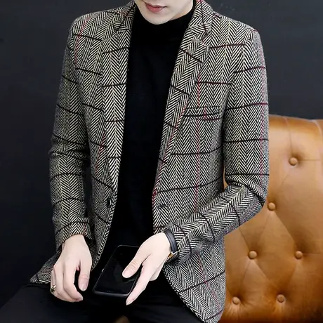 秋冬季格子西服男士潮流休闲商务呢子上衣外套韩版帅气修身小西装商品大图