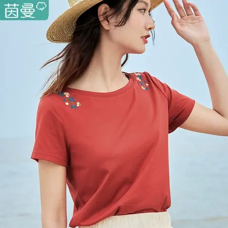 茵曼旗舰店圆领短袖t恤女2024年夏季新款小清新文艺小衫上衣图片