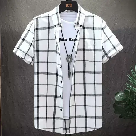 夏季短袖格子衬衫男士韩版休闲外套潮牌男装上衣半袖衬衣百搭帅气图片