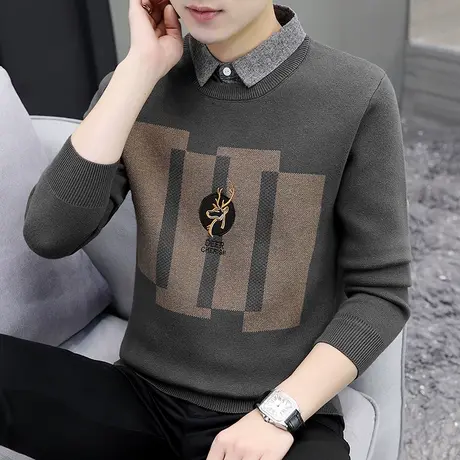 秋冬季新款假两件衬衫领针织打底衫男士假领潮牌加绒加厚保暖毛衣商品大图