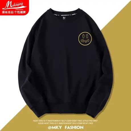 黑色笑脸卫衣男圆领春秋潮牌ins简约休闲长袖青少年外穿宽松衣服图片