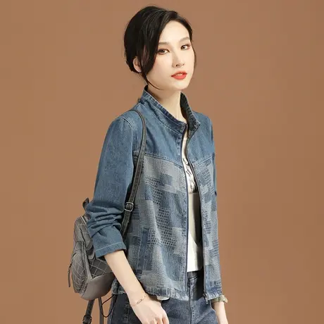 韩潮袭人立领格子牛仔外套女春秋2023新款设计感宽松正肩棒球服短图片