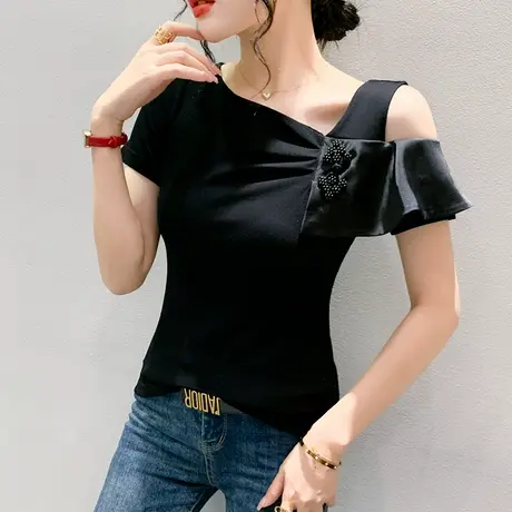 欧货性感露肩上衣女短袖洋气网红荷叶边T恤百搭显瘦小衫修身丅恤商品大图