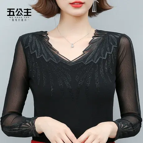 五公主低领蕾丝打底衫新款春秋时尚洋气小衫妈妈女装网纱内搭上衣图片