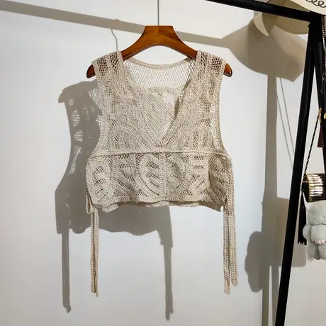 勾花镂空针织马甲背心女夏季新款两边系带设计感小众短款上衣外穿商品大图