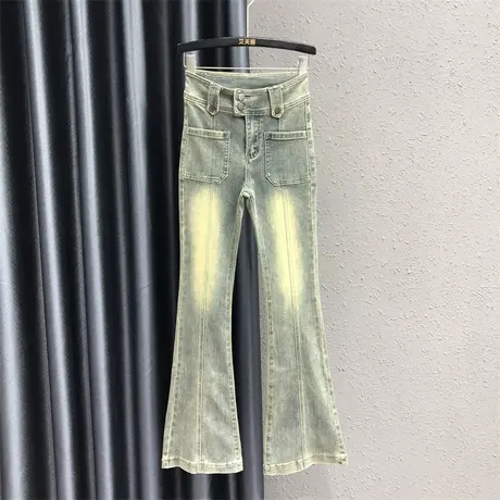 2023早秋新款复古怀旧设计感宽松百搭牛仔微喇裤女高腰显瘦喇叭裤图片