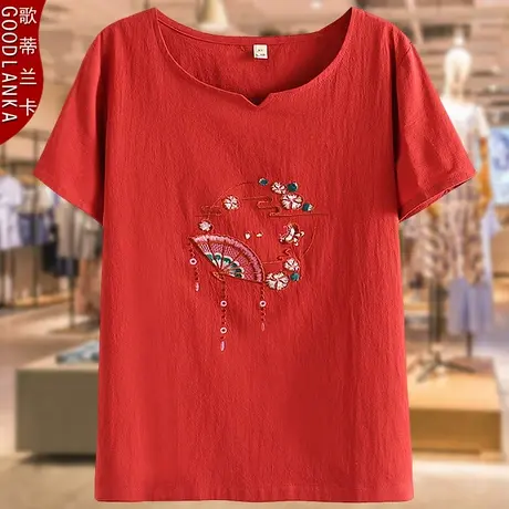 中年胖妈妈纯棉绣花短袖上衣2022夏装新款加肥加大码女装绣花T恤商品大图