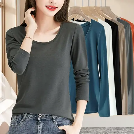 春秋外穿秋衣深灰色中老年女式大领口低圆领打底衫修身高弹力内搭商品大图