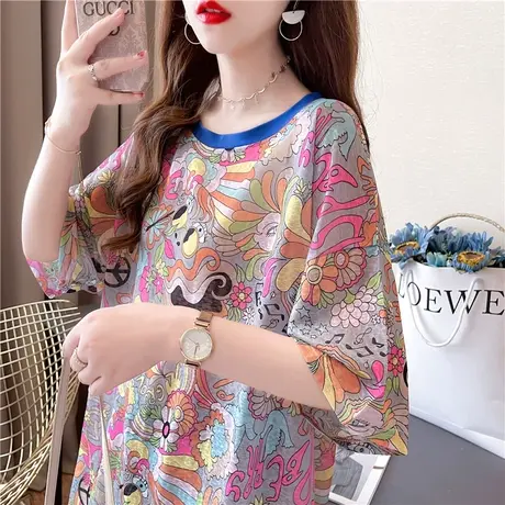 短袖t恤女夏季韩版宽松大码女装中长款ins冰丝防晒衣体桖上衣服潮商品大图