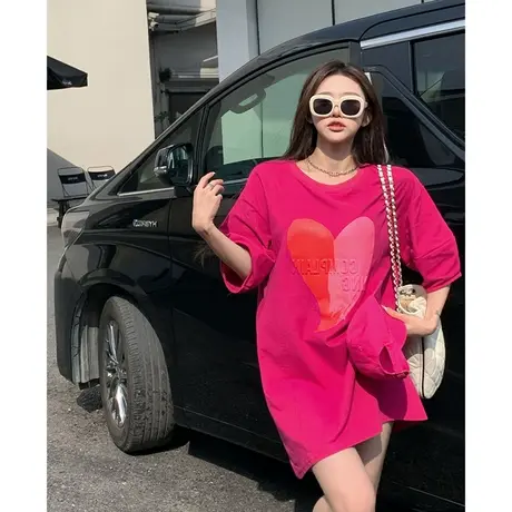 纯棉oversize爱心设计感短袖t恤女夏季ins潮牌宽松中长款大码上衣图片