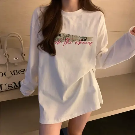 纯棉长袖t恤女秋季2023新款内搭韩版宽松小众设计感圆领打底上衣图片