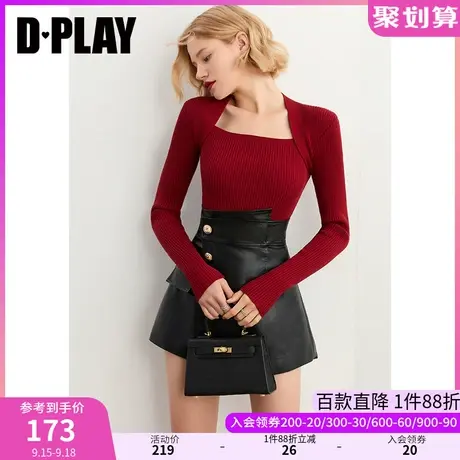 DPLAY秋装新法式美背方领复古针织长袖上衣气质红修身打底毛衣商品大图