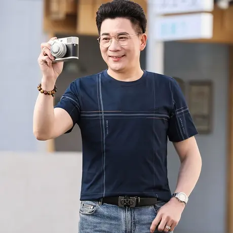 100%纯棉中年男士t恤爸爸短袖上衣圆领夏装中老年人半袖全棉汗衫商品大图