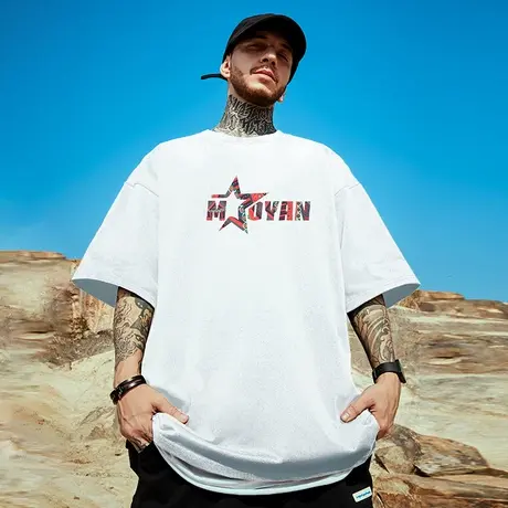 300g重磅美式复古字母印花短袖t恤街头大码白色圆领纯棉半袖男潮商品大图