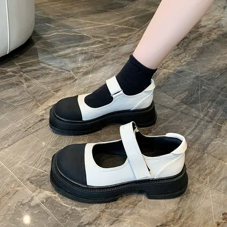 日系jk厚底小皮鞋女2023年春季新款粗跟晚晚风拼色圆头玛丽珍单鞋商品大图