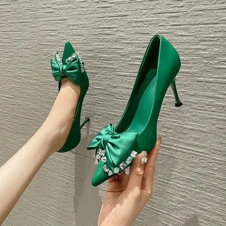 法式水钻蝴蝶结高跟鞋女2023春季新款性感女神范尖头百搭浅口单鞋图片
