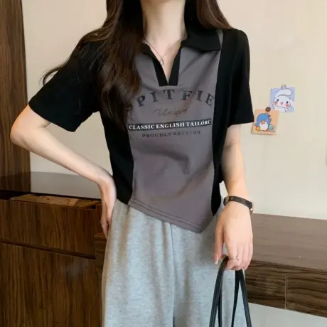 大码胖mm撞色polo领短袖t恤女装夏季美式显瘦遮肚不规则上衣200斤商品大图