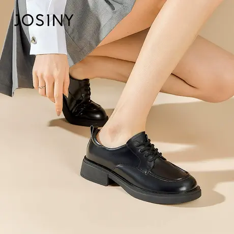 Josiny/卓诗尼黑色小皮鞋2023秋季新款粗跟百搭英伦风JK制服女鞋商品大图