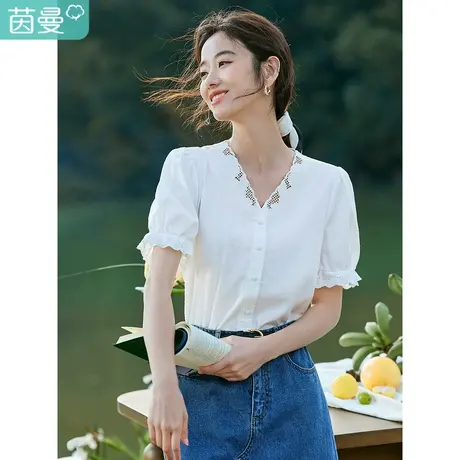 茵曼法式文艺衬衣2023夏女装新款纯棉提花V领修身显瘦泡泡袖衬衫商品大图