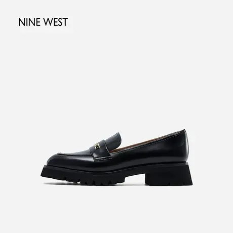 Nine West/玖熙学院风乐福鞋女春季新款厚底铭牌饰扣真皮鞋格雷系图片